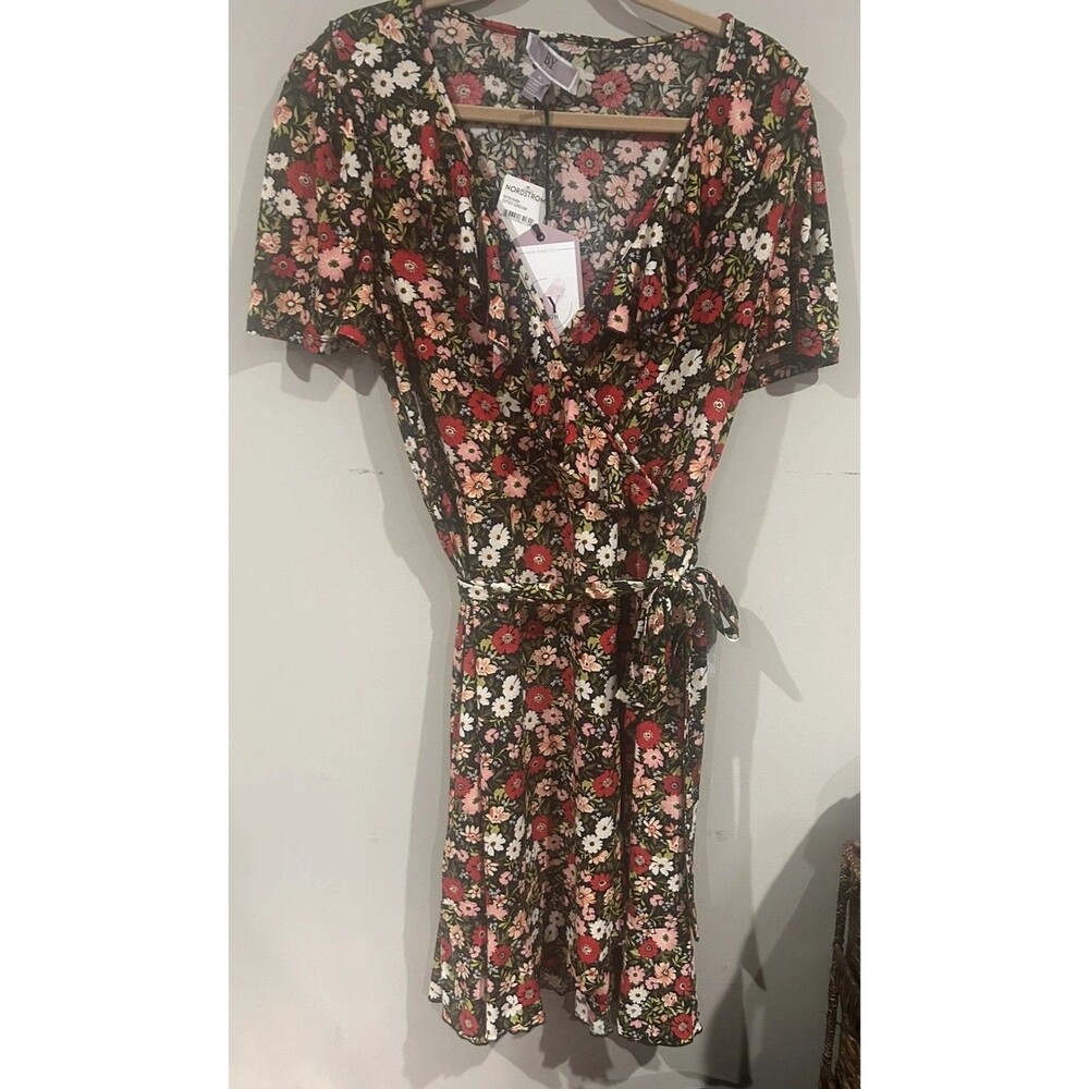 BY DESIGN Floral Ruffle Faux Wrap Dress Size XL NWT Black Red Ditsy print V-Neck